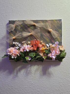 3D Floral Wall Art Canvas - Pink & Peach Faux Flowers with Tulle Bows